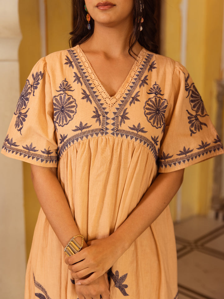 Beige Embroidery  Dress for Women