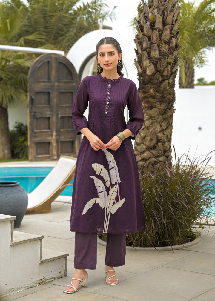 Women Purple Cotton Printed Kurta with Straight Pants Ethnic Set