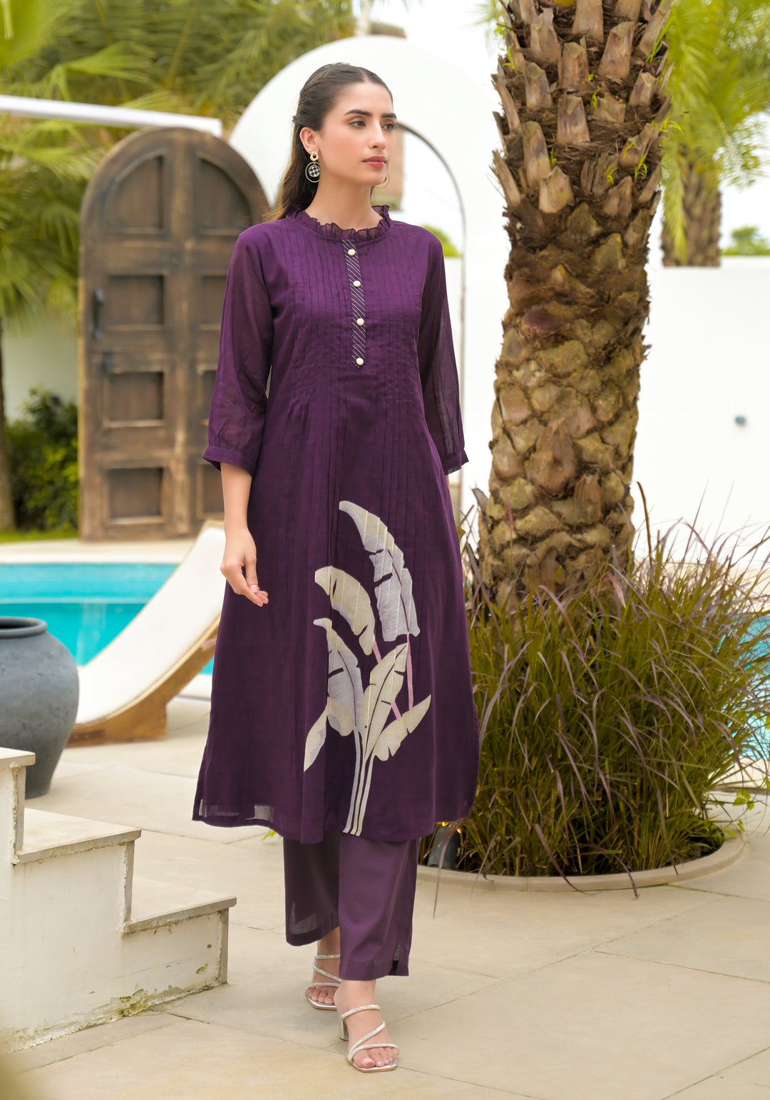 Women Purple Cotton Printed Kurta with Straight Pants Ethnic Set