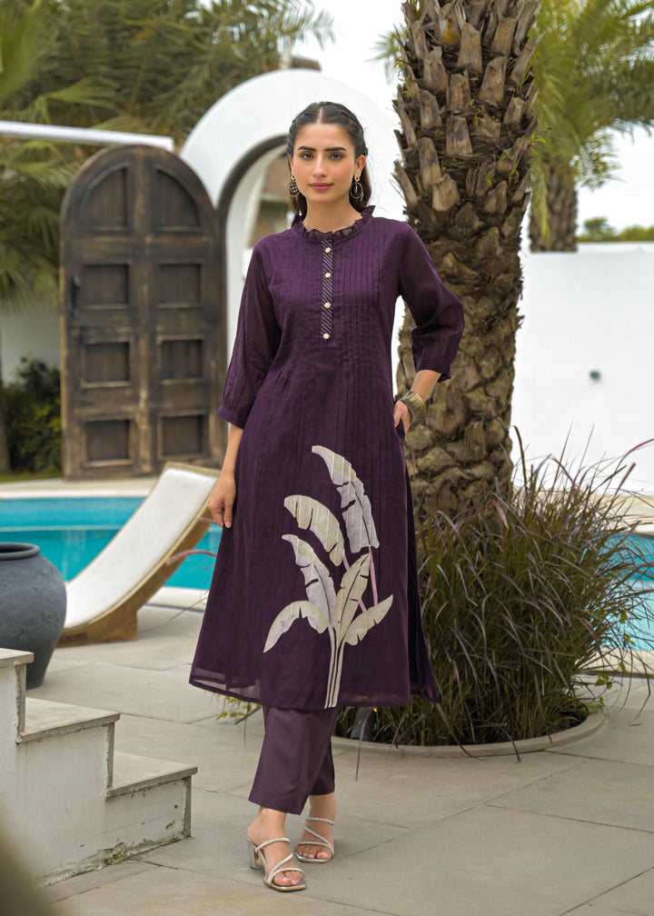 Women Purple Cotton Printed Kurta with Straight Pants Ethnic Set