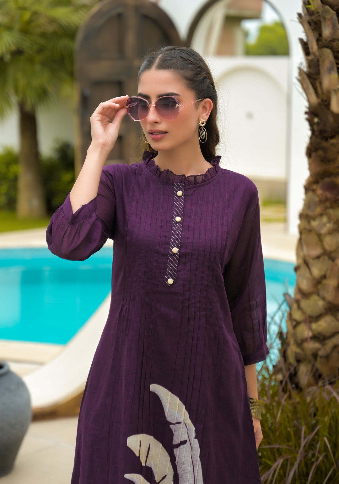 Women Purple Cotton Printed Kurta with Straight Pants Ethnic Set