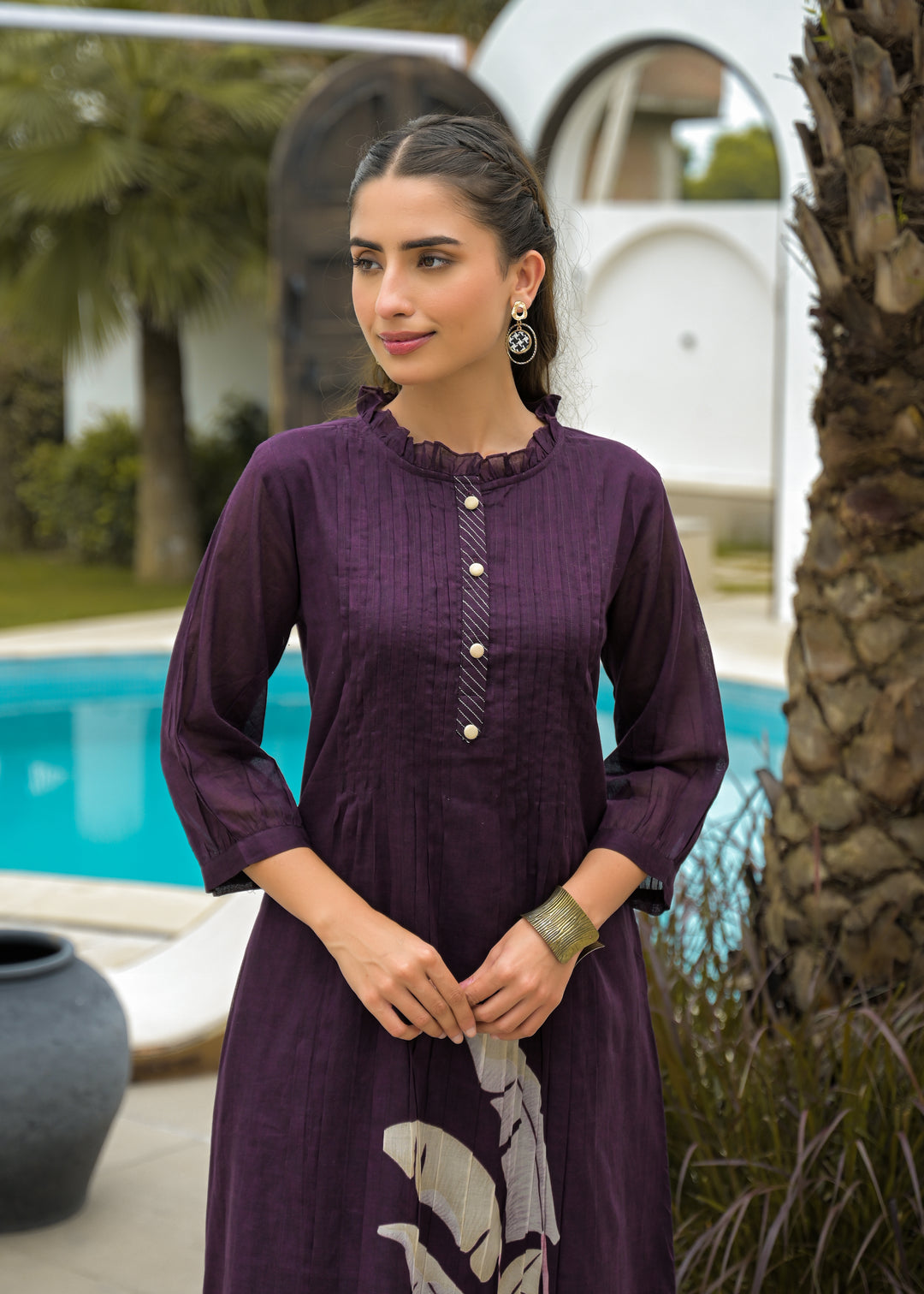 Women Purple Cotton Printed Kurta with Straight Pants Ethnic Set