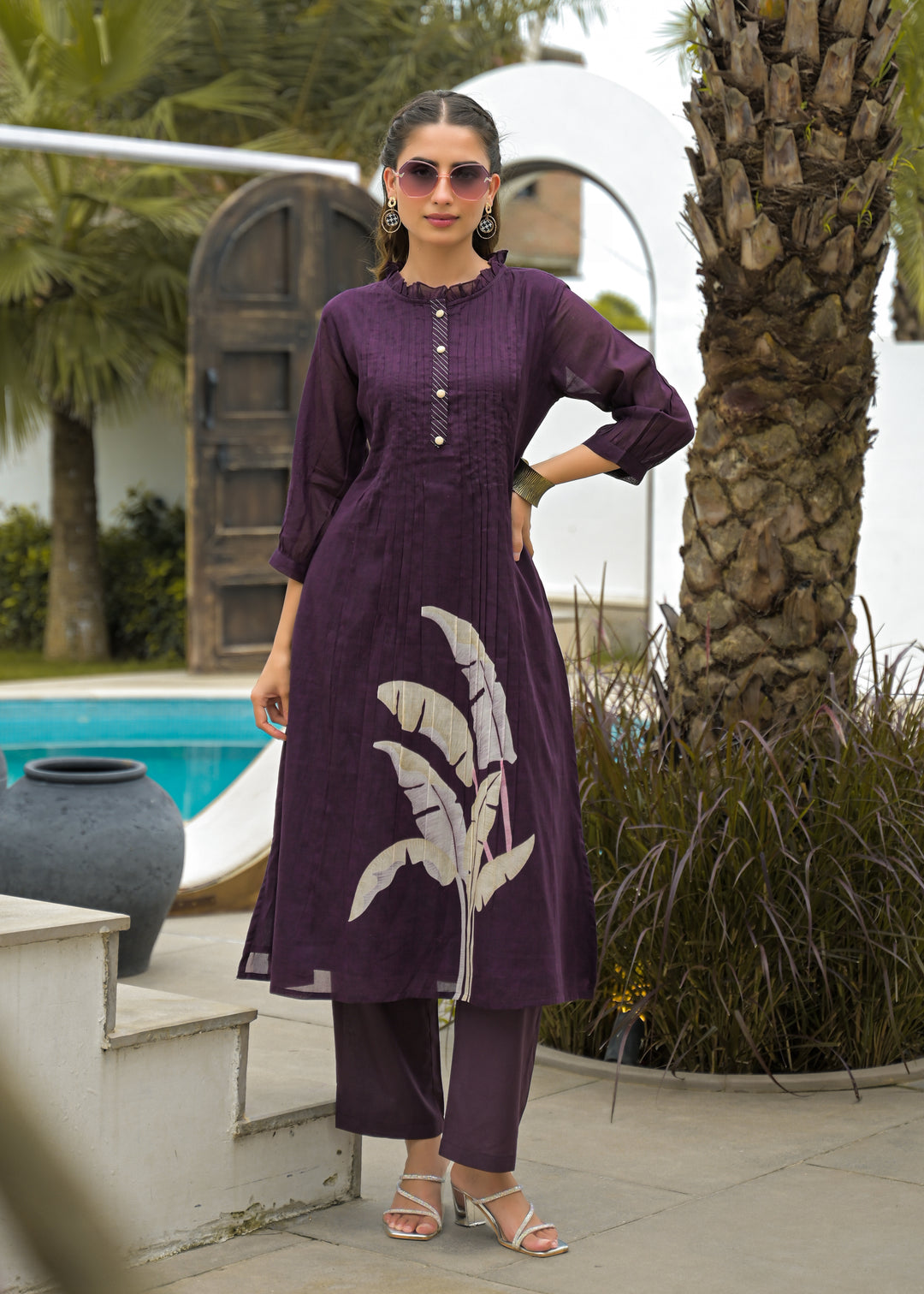 Women Purple Cotton Printed Kurta with Straight Pants Ethnic Set