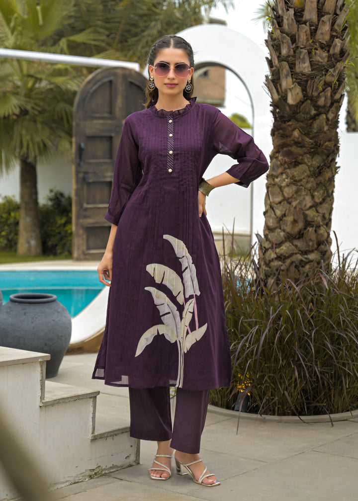 Women Purple Cotton Printed Kurta with Straight Pants Ethnic Set