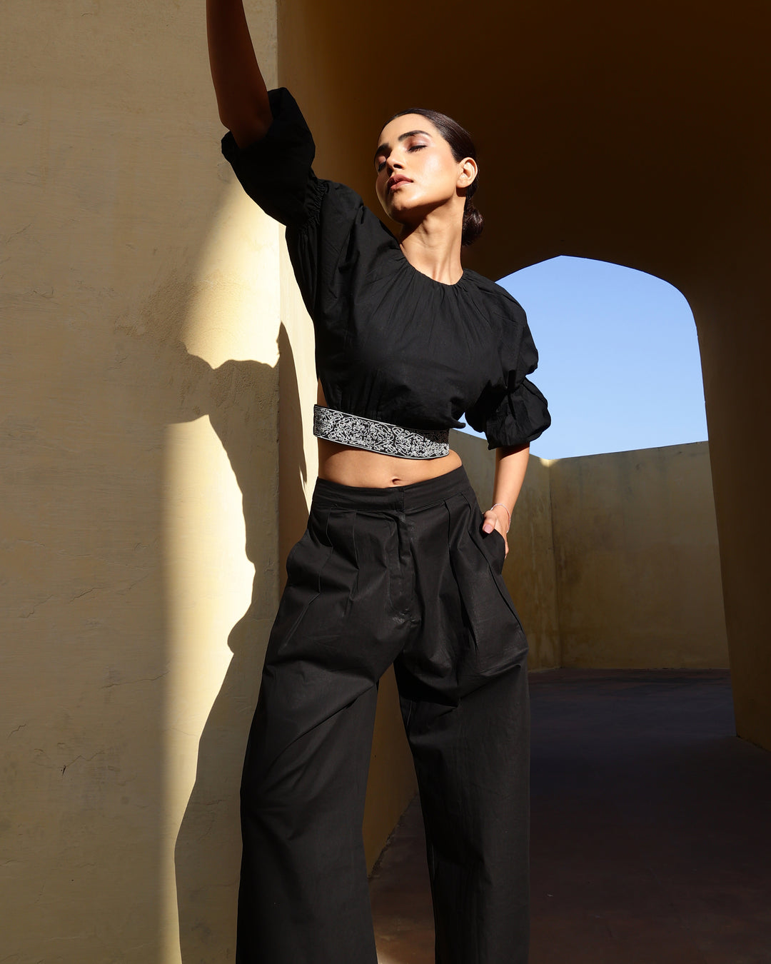 WOMEN SOLID BLACK CO-ORD SET (WITH PANTS & CROP TOP)