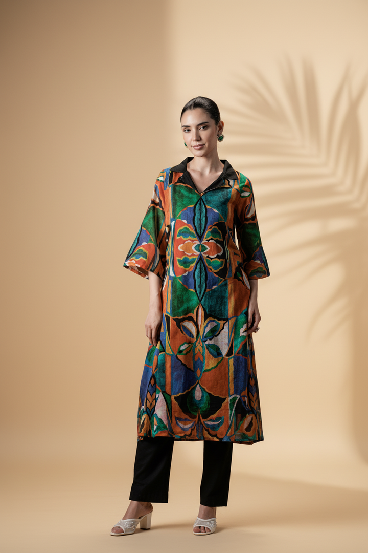 Custard Multicolor Printed Cotton Kurta Set