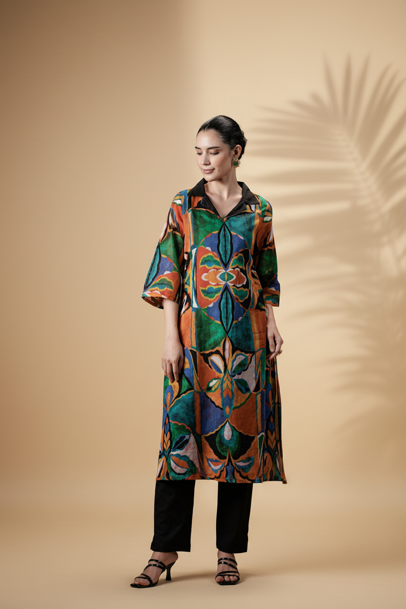 Custard Multicolor Printed Cotton Kurta Set