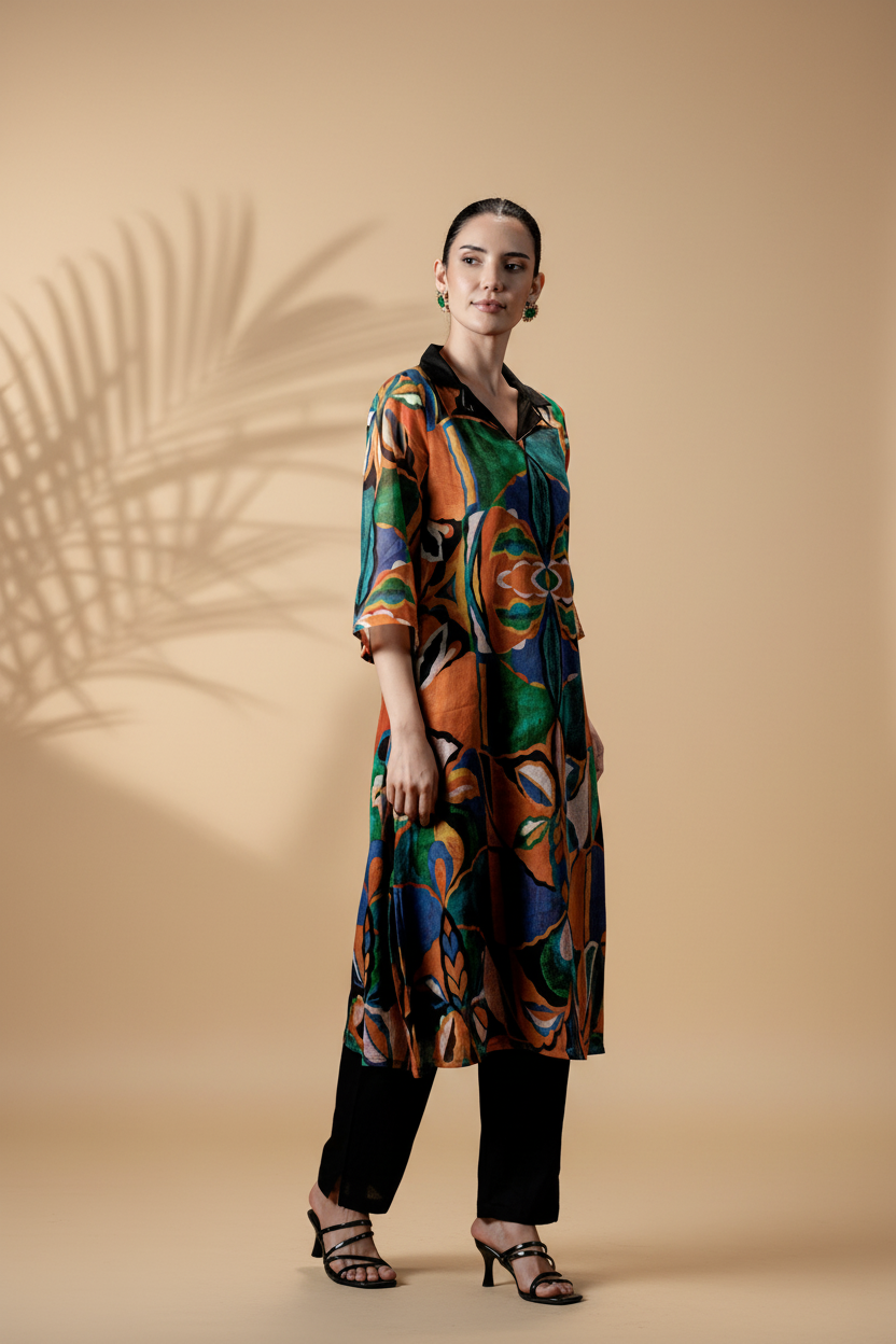 Custard Multicolor Printed Cotton Kurta Set