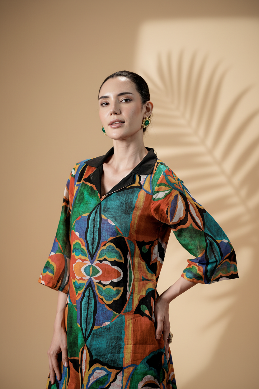 Custard Multicolor Printed Cotton Kurta Set