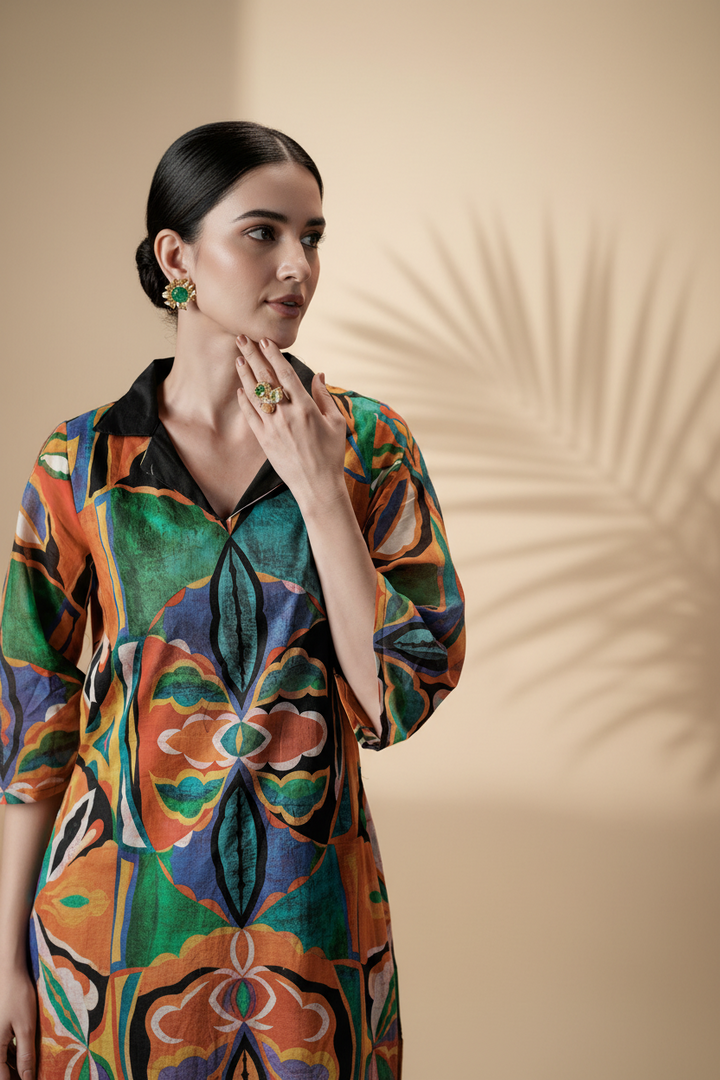 Custard Multicolor Printed Cotton Kurta Set