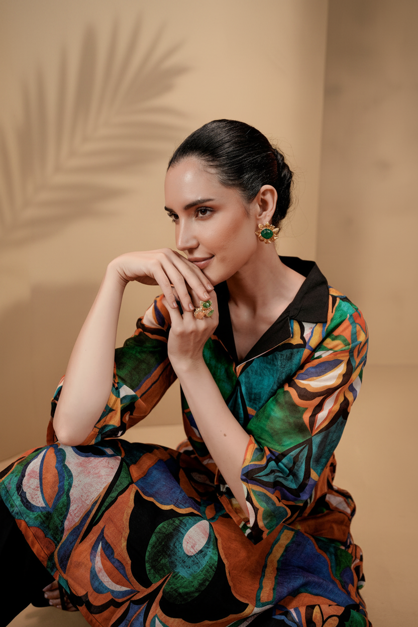 Custard Multicolor Printed Cotton Kurta Set