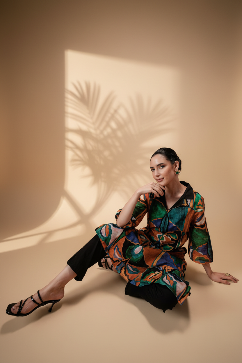 Custard Multicolor Printed Cotton Kurta Set