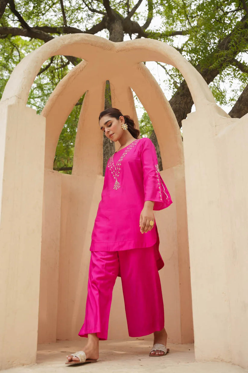 FESTIVE CHARM: ROMAN SILK CALF-LENGTH COORDINATED SET WITH SUBTLE EMBROIDERY AND FLARED SLEEVES