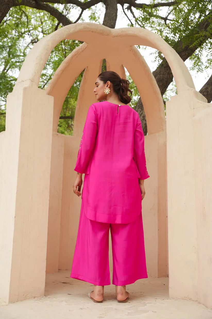 FESTIVE CHARM: ROMAN SILK CALF-LENGTH COORDINATED SET WITH SUBTLE EMBROIDERY AND FLARED SLEEVES