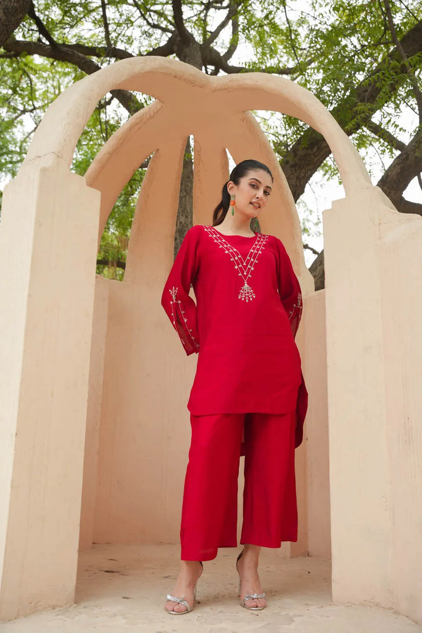 RED ROMAN SILK CO-ORD SET WITH MINIMALISTIC EMBROIDERY AND FLARED SLEEVES