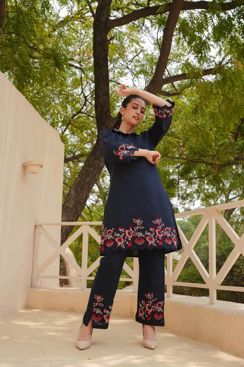 NAVY BLUE EMBROIDERED KURTA SET WITH FLORAL PATTERNED PANTS