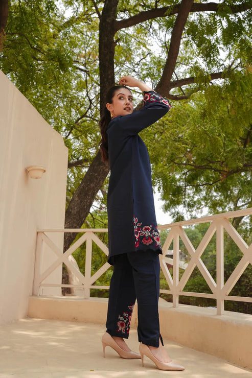 NAVY BLUE EMBROIDERED KURTA SET WITH FLORAL PATTERNED PANTS