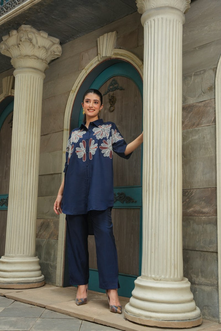 Navy Blue Roman Silk Co-ord Set with Traditional Floral Embroidery