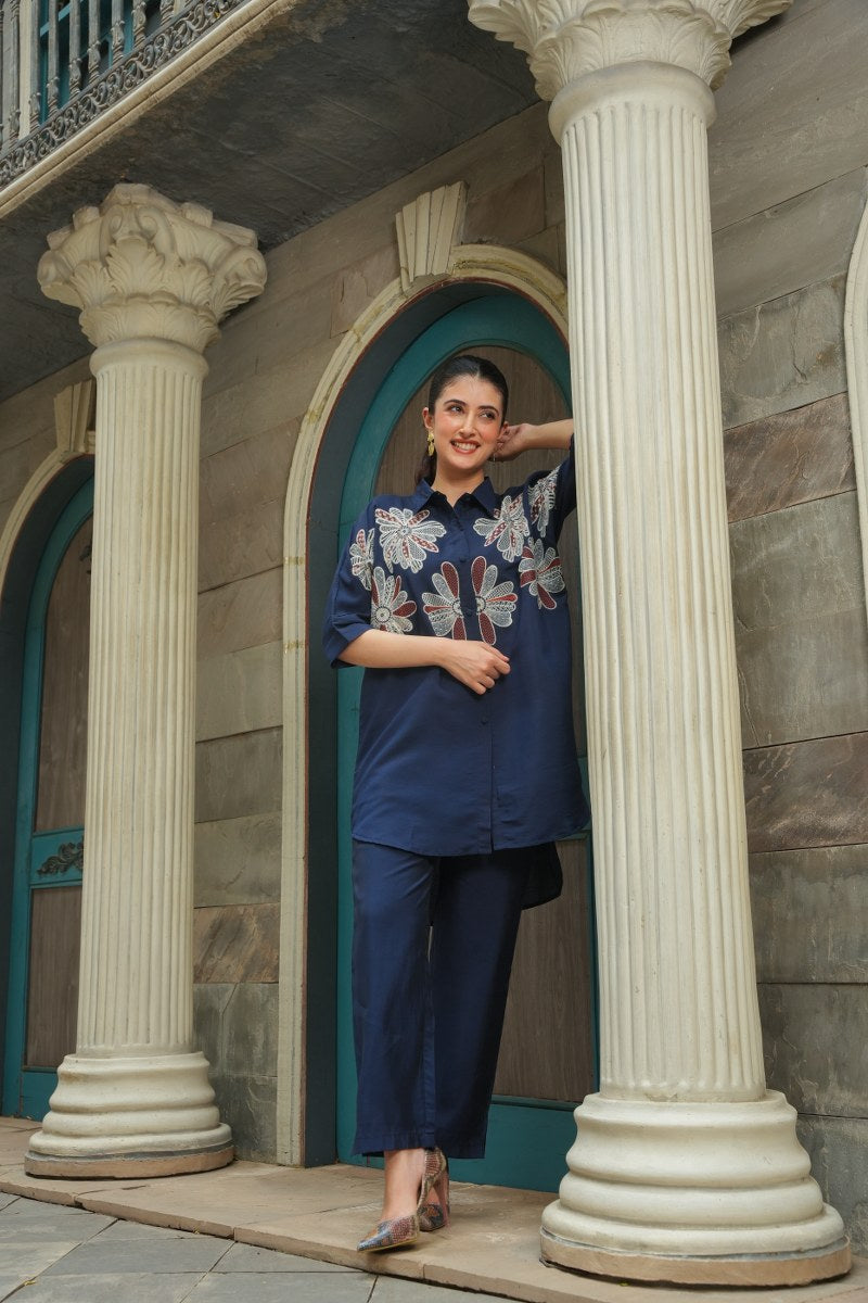 Navy Blue Roman Silk Co-ord Set with Traditional Floral Embroidery