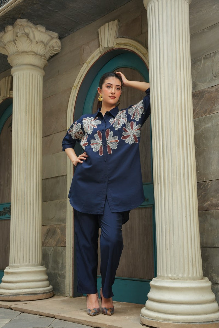 Navy Blue Roman Silk Co-ord Set with Traditional Floral Embroidery