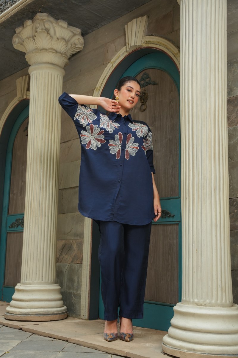 Navy Blue Roman Silk Co-ord Set with Traditional Floral Embroidery