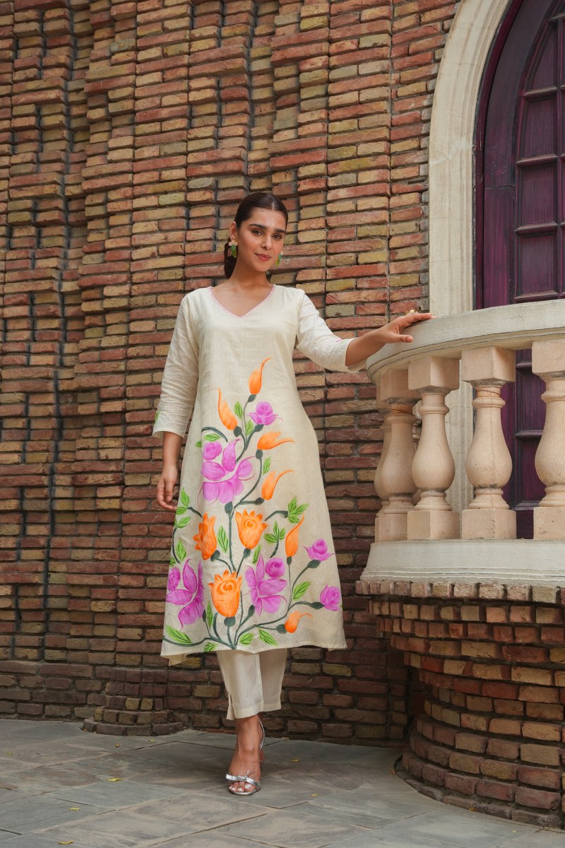 White Cotton Floral Painted Kurta Set for Women