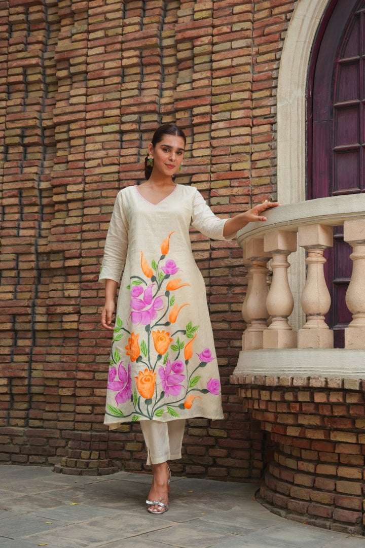 White Cotton Floral Painted Kurta Set for Women