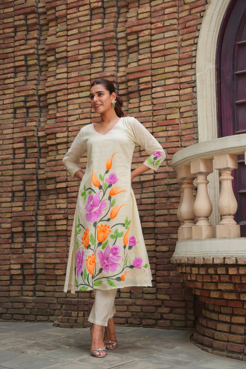White Cotton Floral Painted Kurta Set for Women