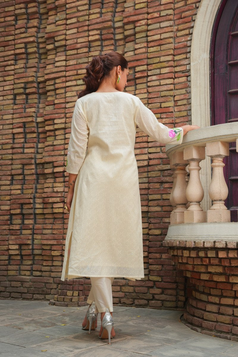 White Cotton Floral Painted Kurta Set for Women