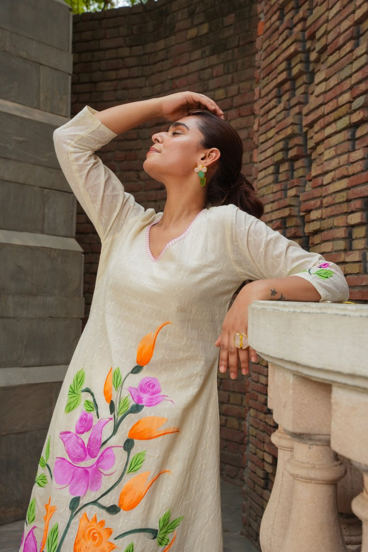 White Cotton Floral Painted Kurta Set for Women