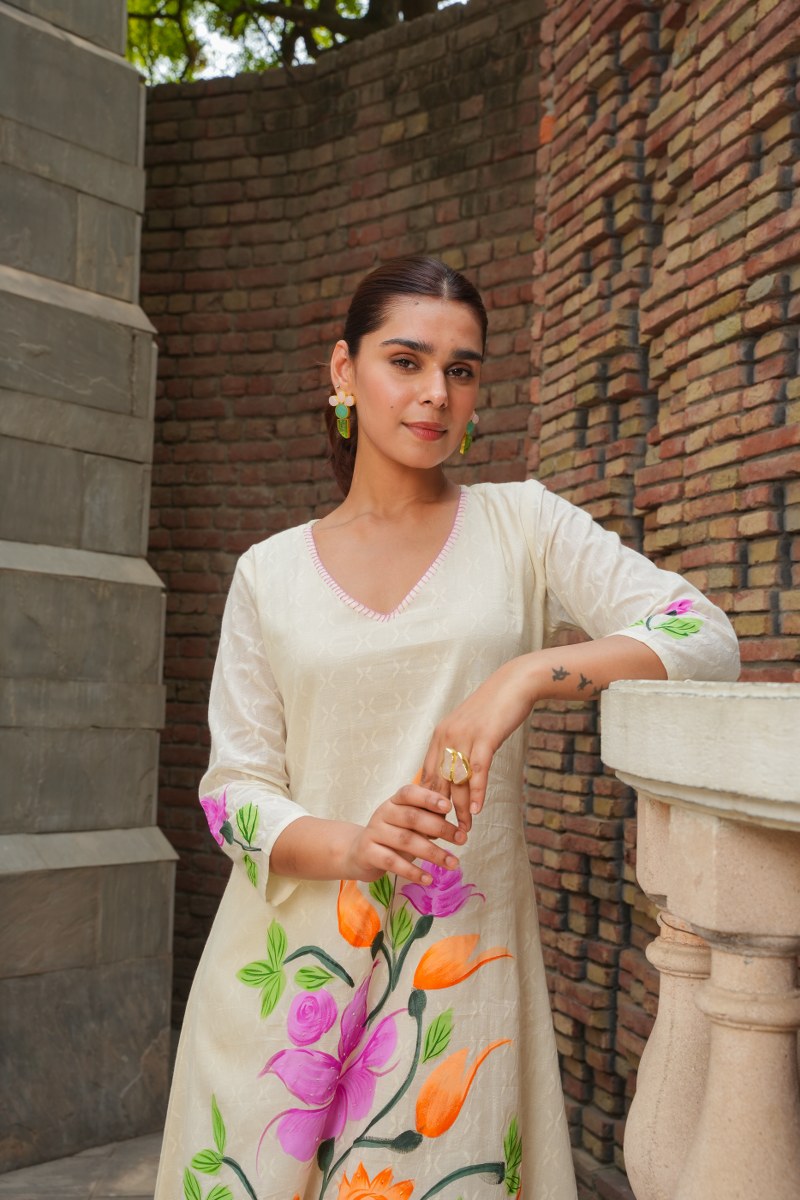 White Cotton Floral Painted Kurta Set for Women