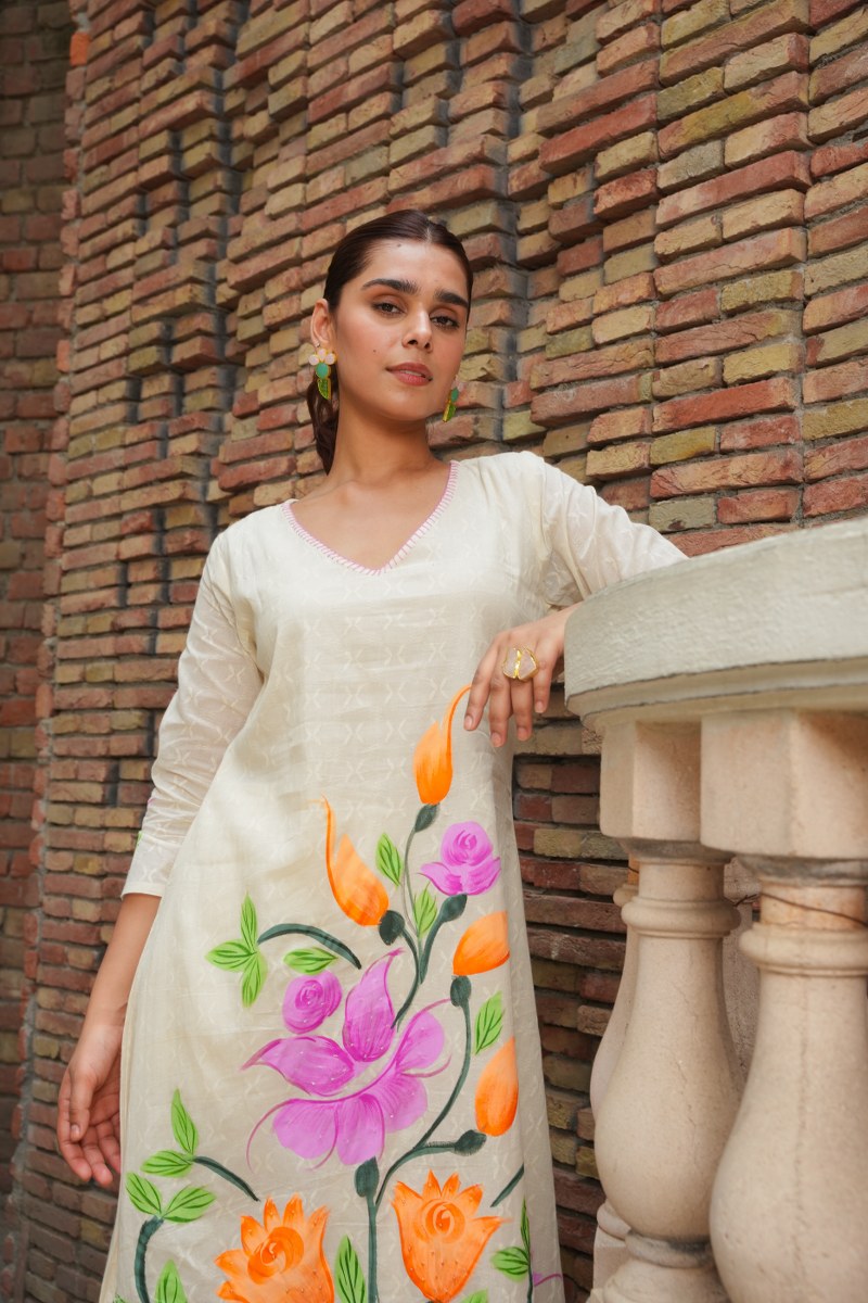 White Cotton Floral Painted Kurta Set for Women