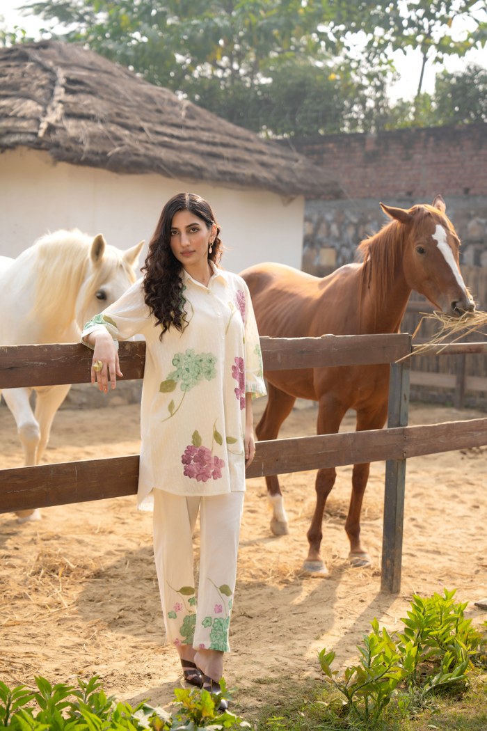 Off-White Cotton Floral Brush Painted Co-ord Set for Women