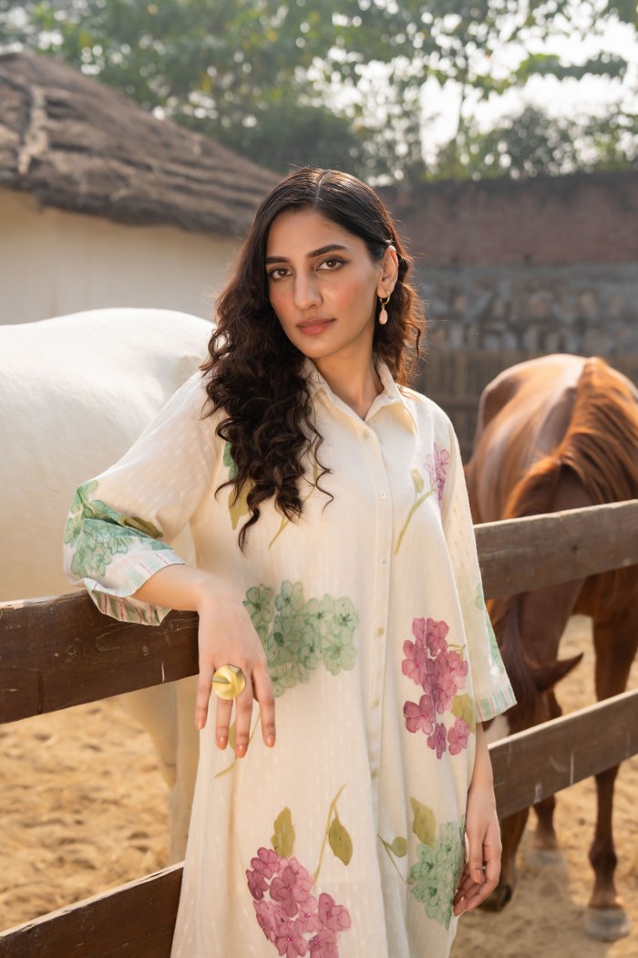 Off-White Cotton Floral Brush Painted Co-ord Set for Women