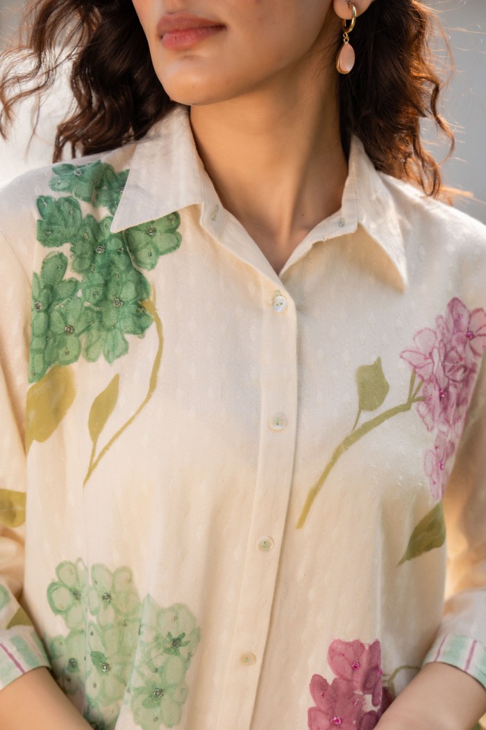 Off-White Cotton Floral Brush Painted Co-ord Set for Women