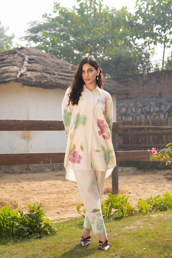 Off-White Cotton Floral Brush Painted Co-ord Set for Women