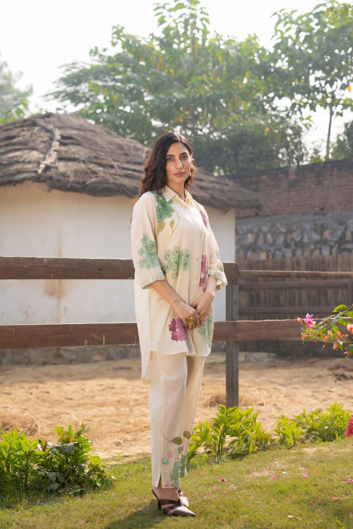 Off-White Cotton Floral Brush Painted Co-ord Set for Women