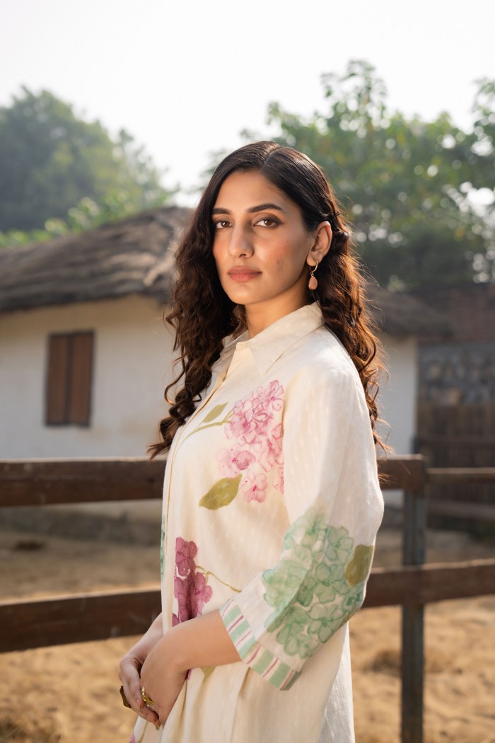 Off-White Cotton Floral Brush Painted Co-ord Set for Women