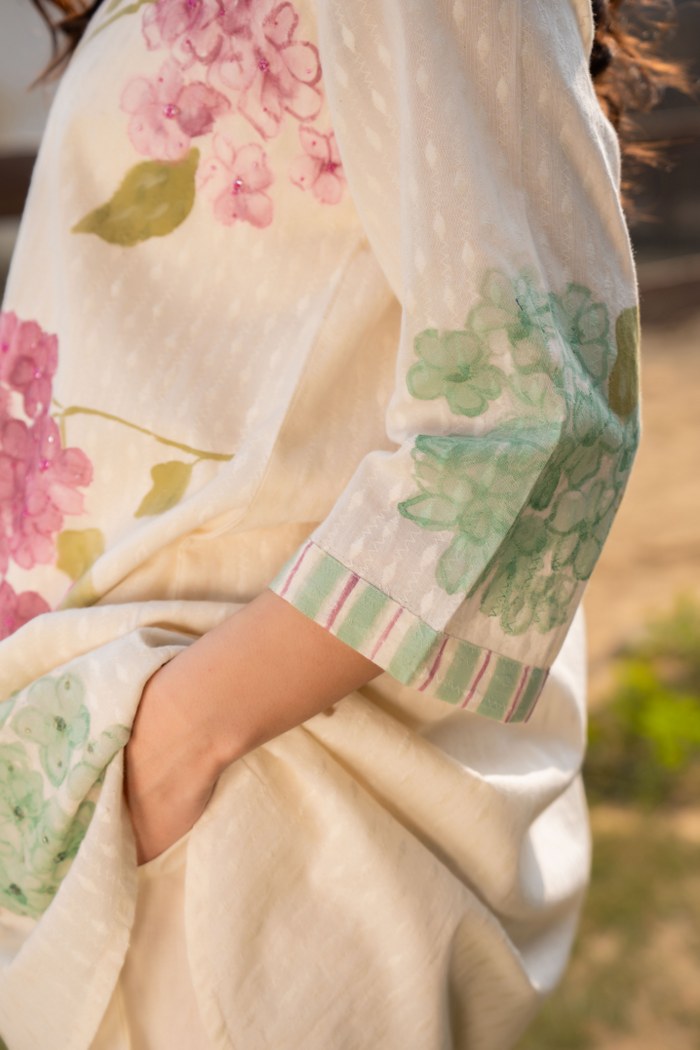 Off-White Cotton Floral Brush Painted Co-ord Set for Women