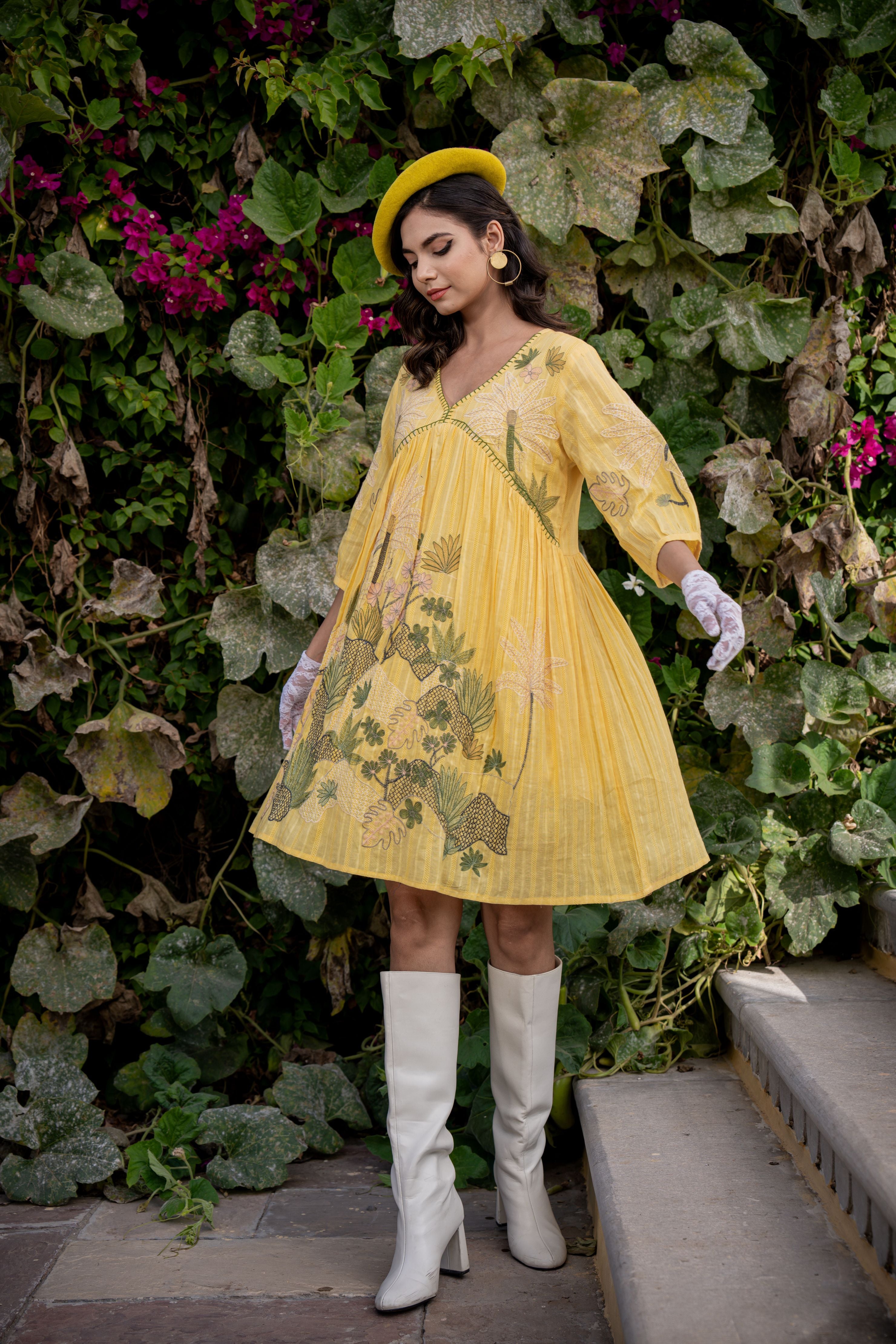 YELLOW COTTON EMBROIDERED A-LINE SHORT DRESS