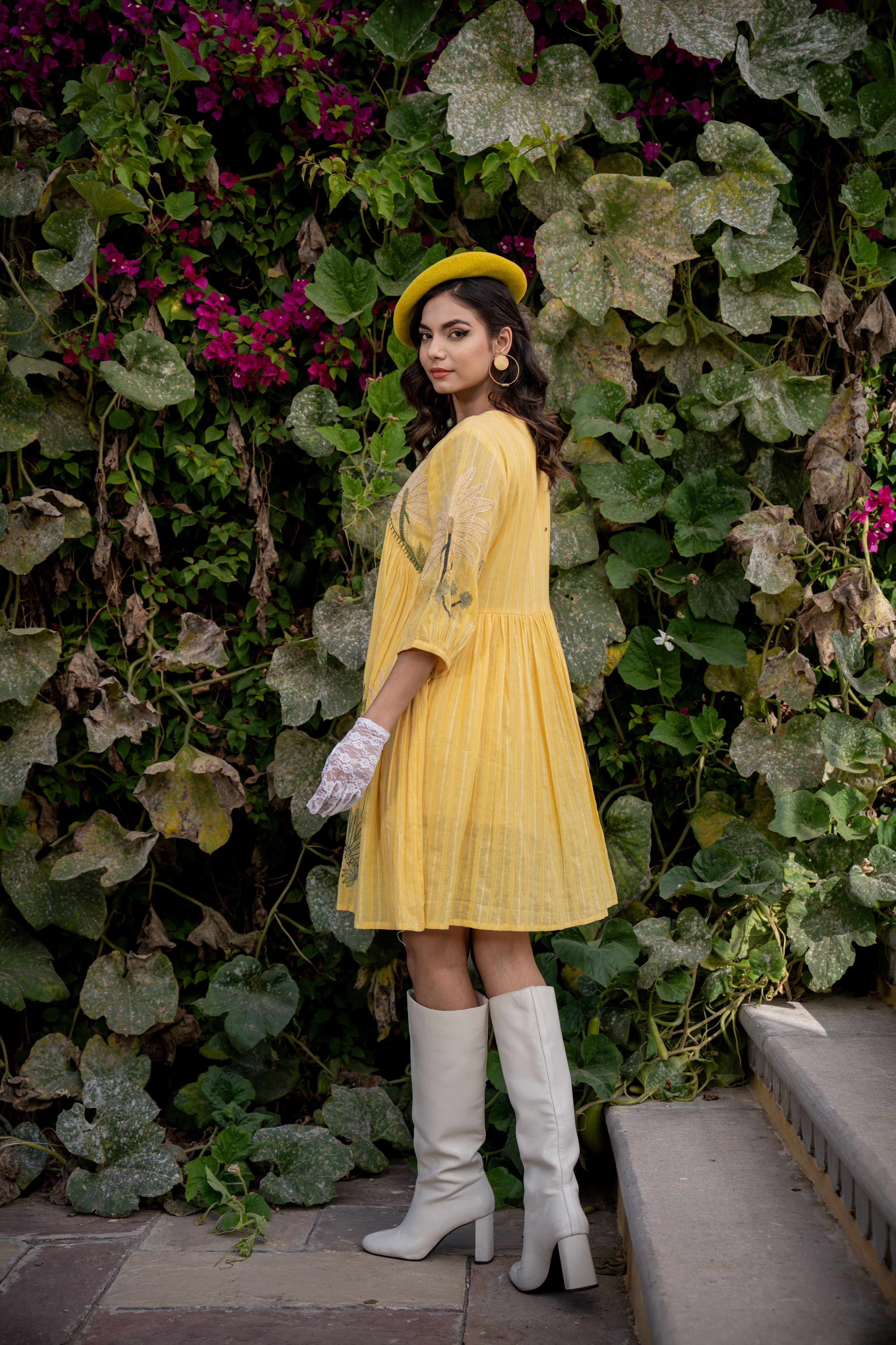 YELLOW COTTON EMBROIDERED A-LINE SHORT DRESS
