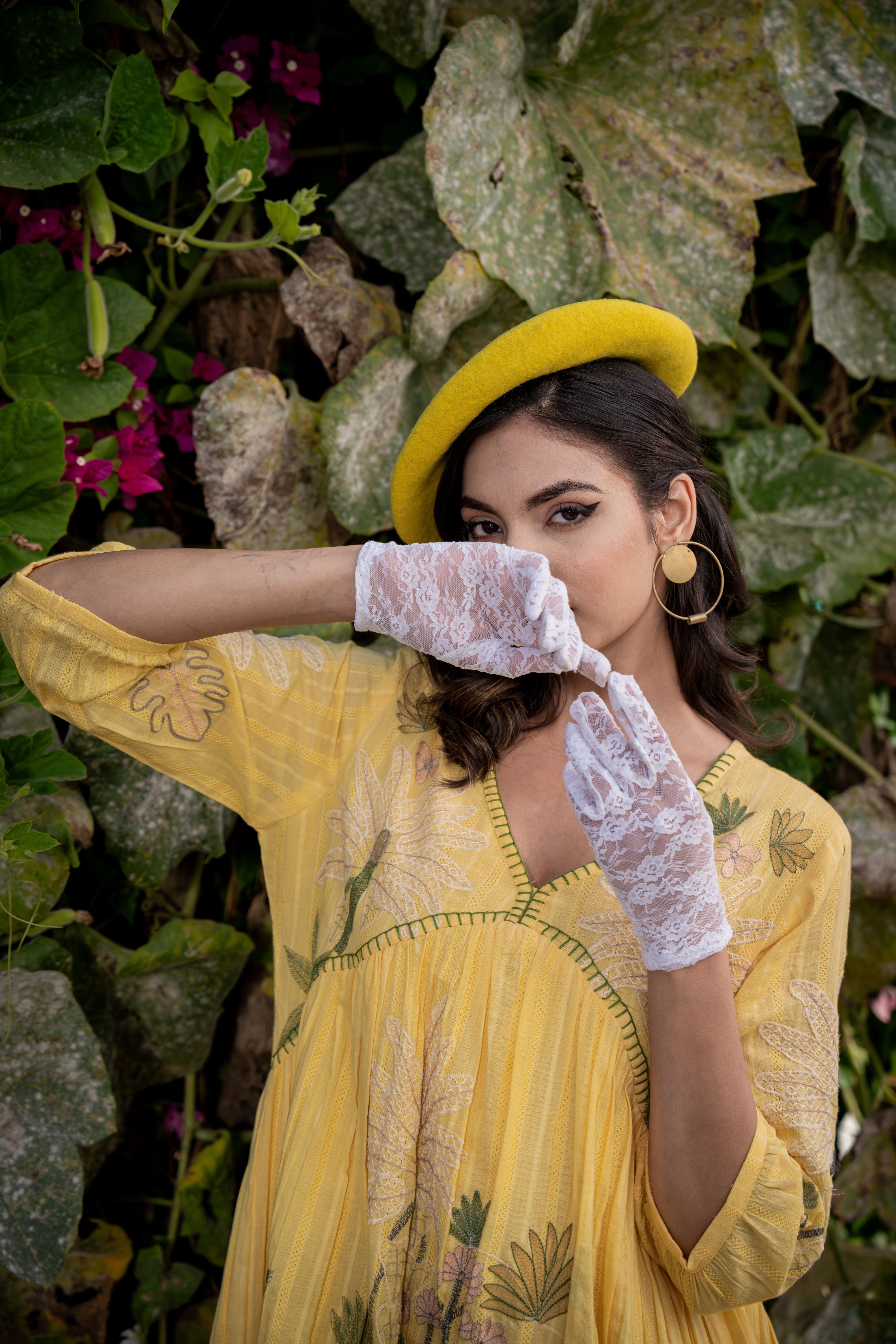 YELLOW COTTON EMBROIDERED A-LINE SHORT DRESS