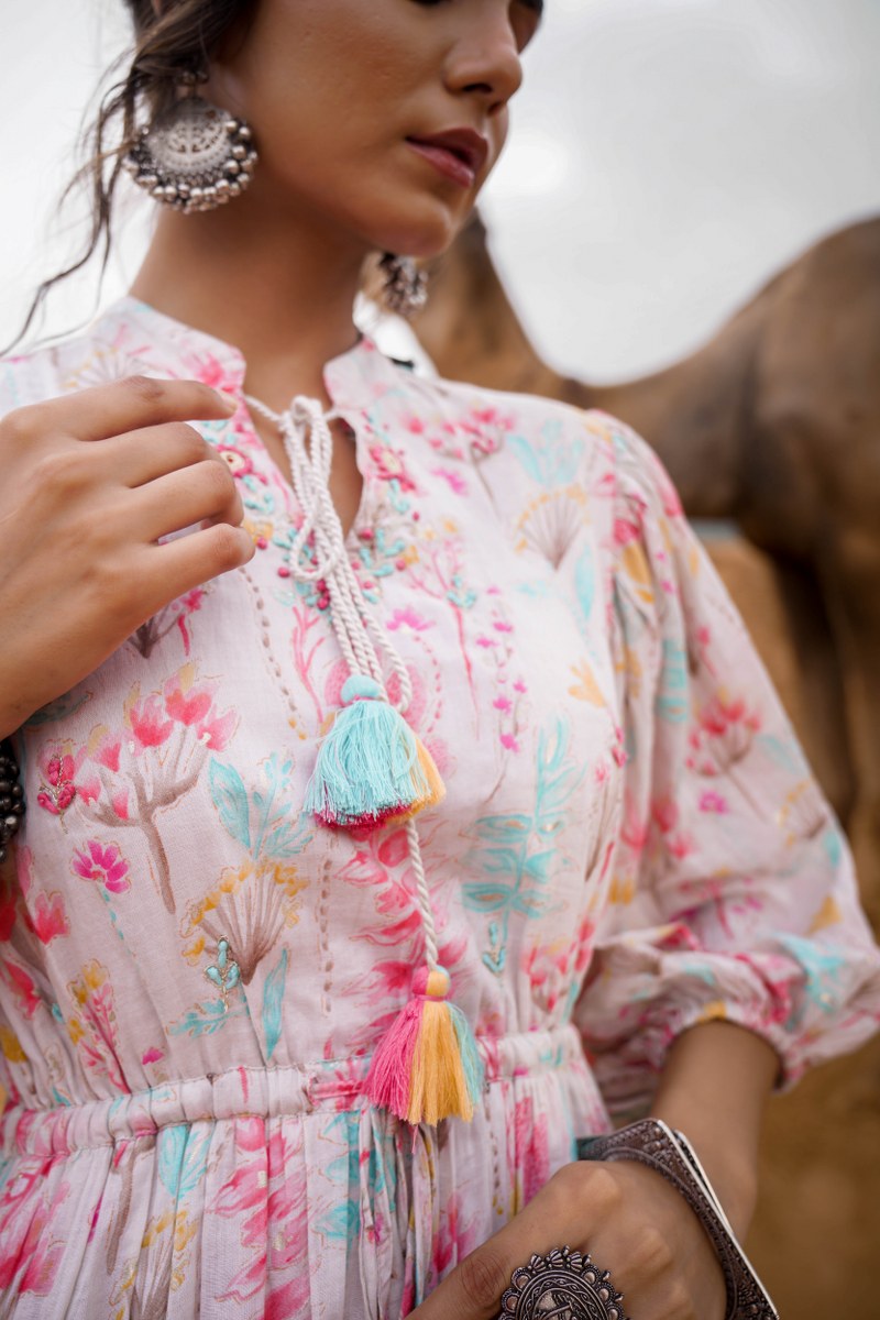 Pink Printed Fit-and-Flare Dress with Tassel Tie