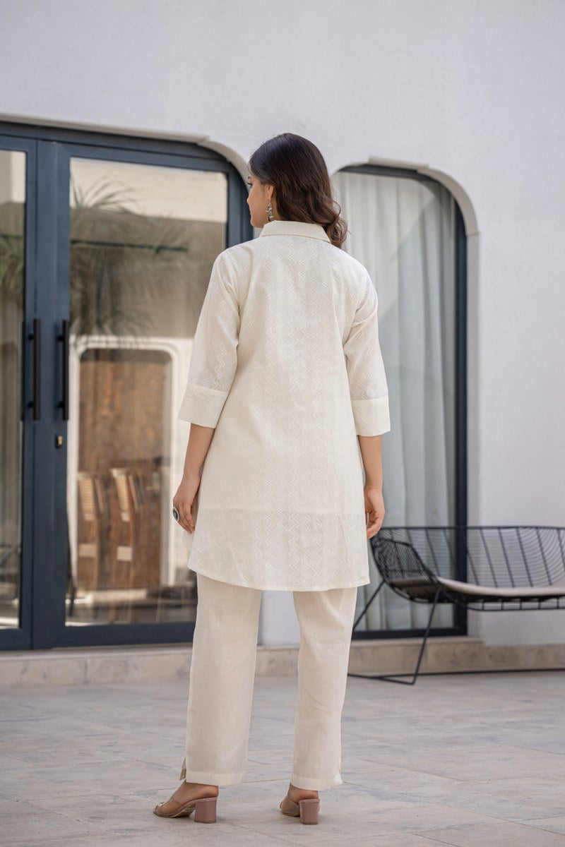 Sophisticated Palm Embroidered Cotton Asymmetrical Co-Ord Set