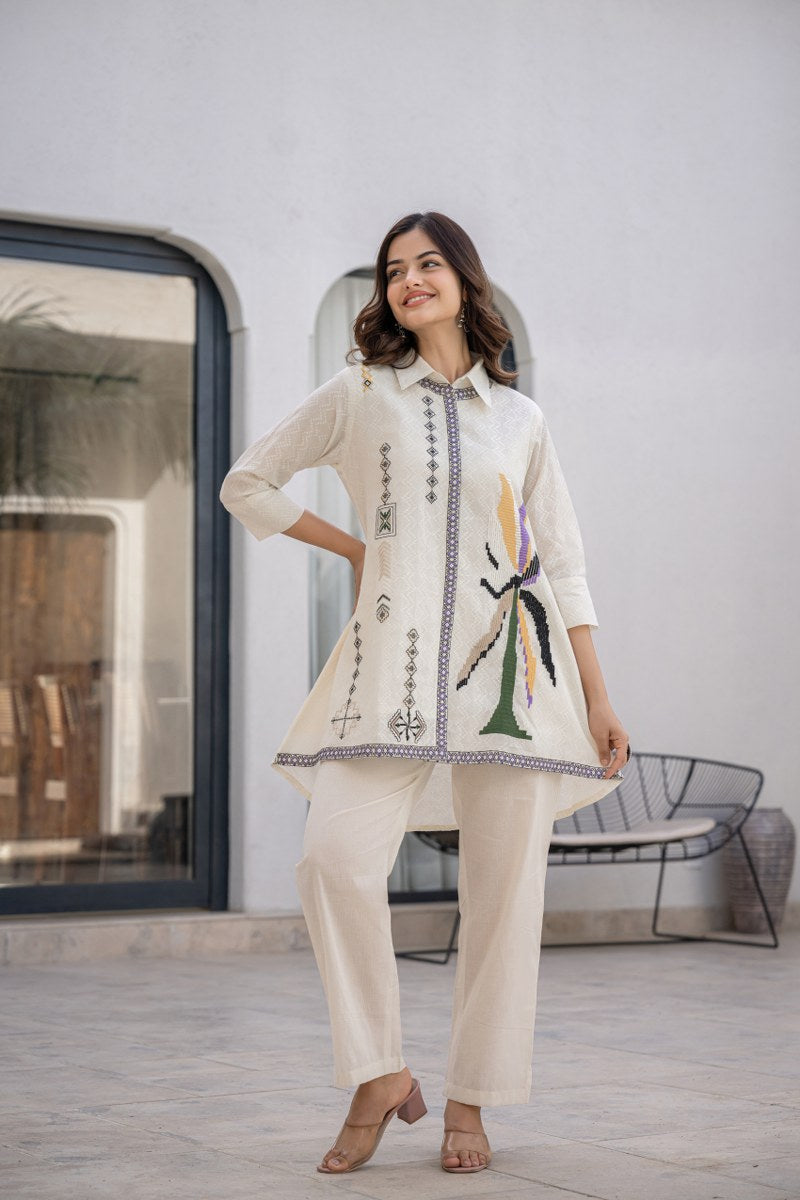 Sophisticated Palm Embroidered Cotton Asymmetrical Co-Ord Set