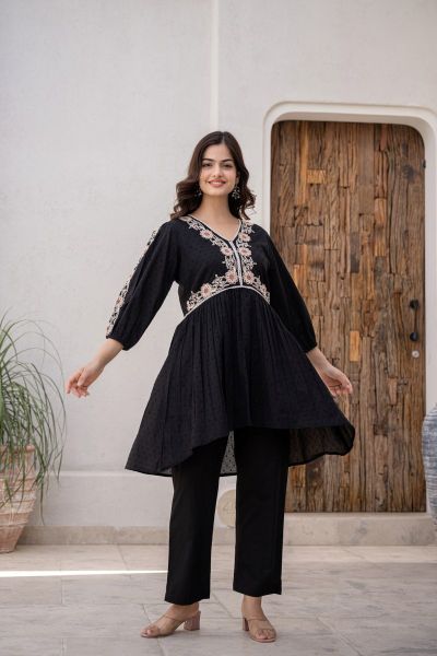 Chic Black Embroidered Cotton Co-Ord Set