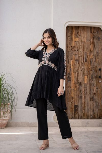 Chic Black Embroidered Cotton Co-Ord Set