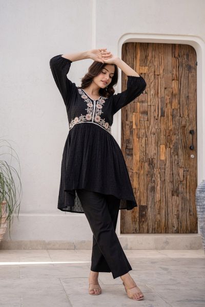 Chic Black Embroidered Cotton Co-Ord Set