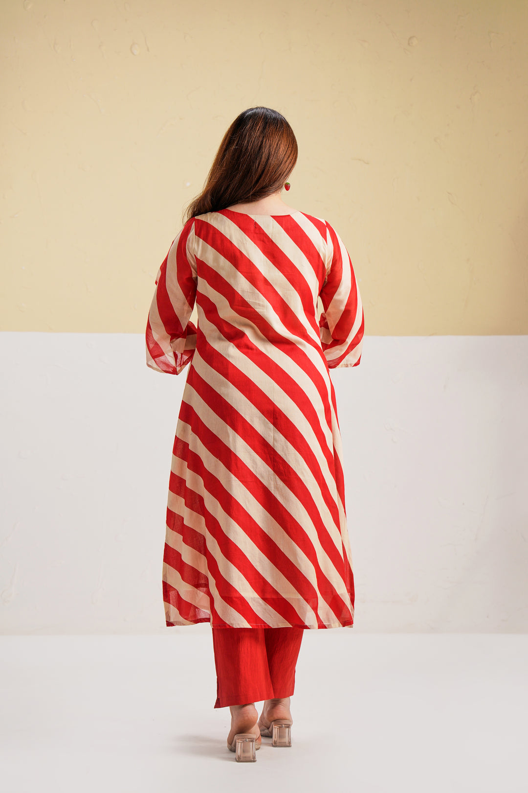Red and Cream Striped Printed Custard Cotton Kurta Set