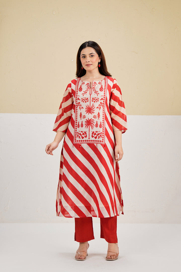Red and Cream Striped Printed Custard Cotton Kurta Set